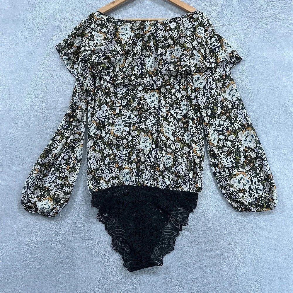 Free People Women's Large Black-Multi Pattern Bodysuit Blouse‎ Preppy Floral Tie